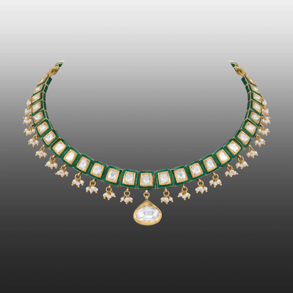 Green Meenakari Necklace with Polkis and Pearl Cheed Drops